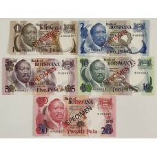 BOTSWANA 1979 . ONE 1 - TWENTY 20 PULA BANKNOTES . SPECIMEN